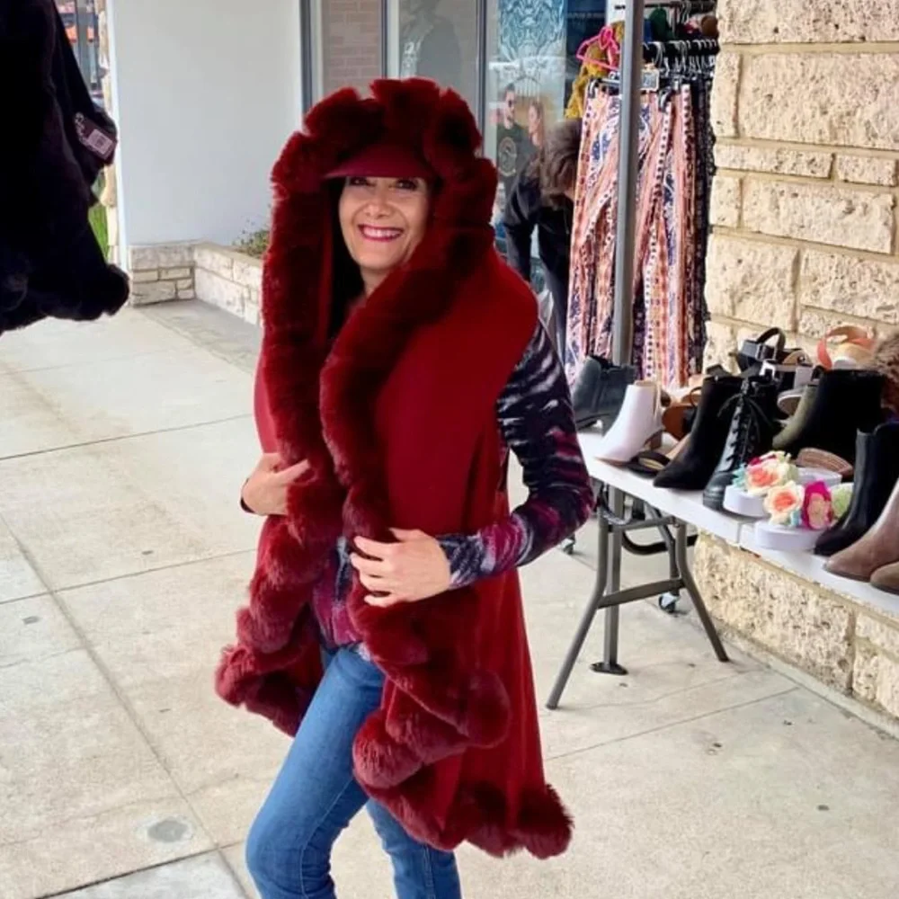 Luxury Burgundy Faux Fur Double Layer Cape Coat - Picture 8 of 13
